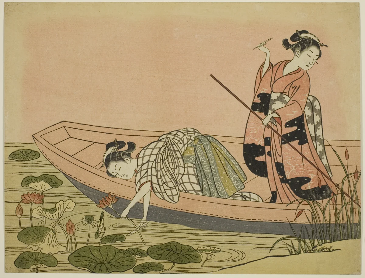 Gathering Lotus Flowers by Suzuki Harunobu (鈴木春信), print, 1760-1770