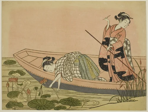 Gathering Lotus Flowers by Suzuki Harunobu (鈴木春信), print, 1760-1770
