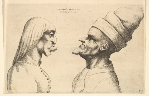 Two deformed heads facing each other by Wenceslaus Hollar, print, 1645