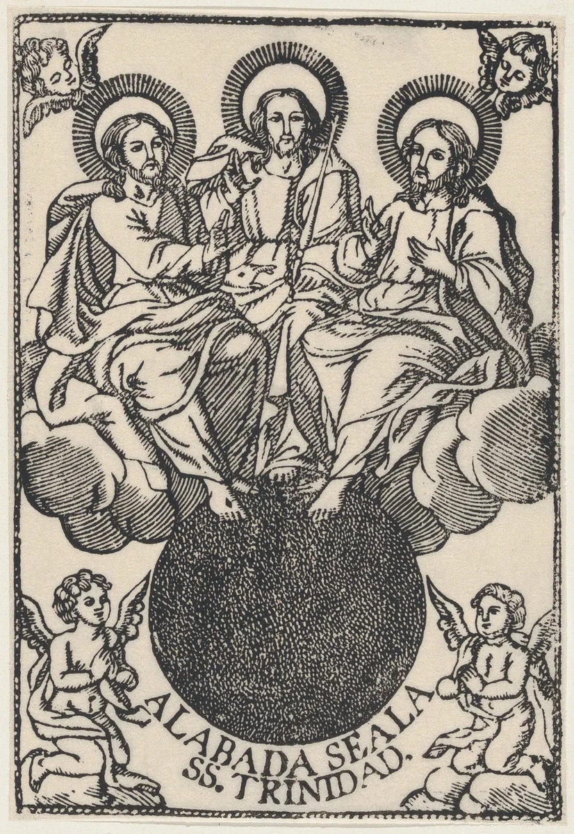 The Holy Trinity sitting on clouds surrounded by angels by anonymous, print, 19