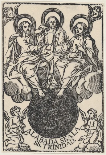 The Holy Trinity sitting on clouds surrounded by angels by anonymous, print, 19