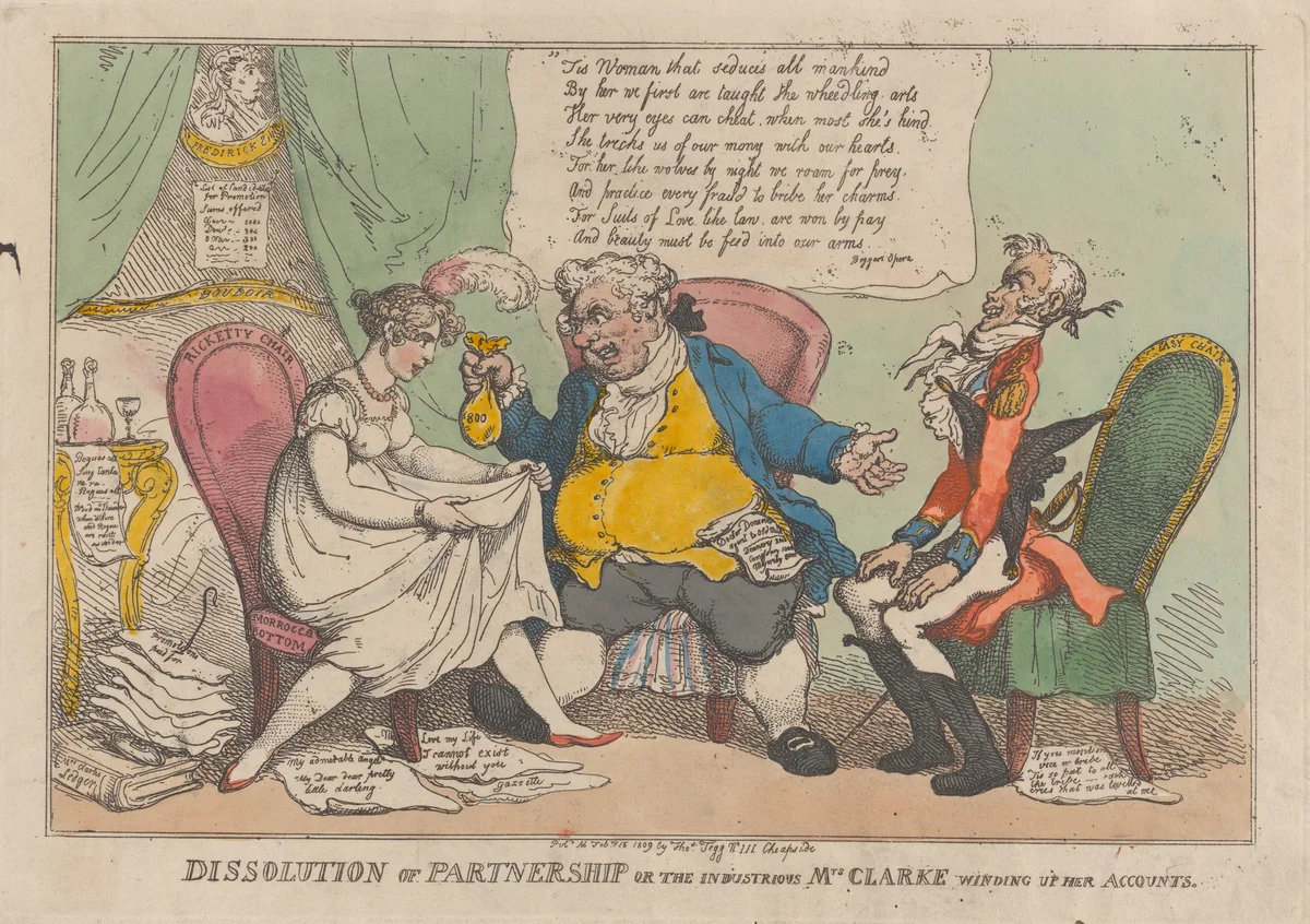 Dissolution of Partnership, or the Industrious Mrs. Clarke Winding Up Her Accounts by Thomas Rowlandson, print, 1809