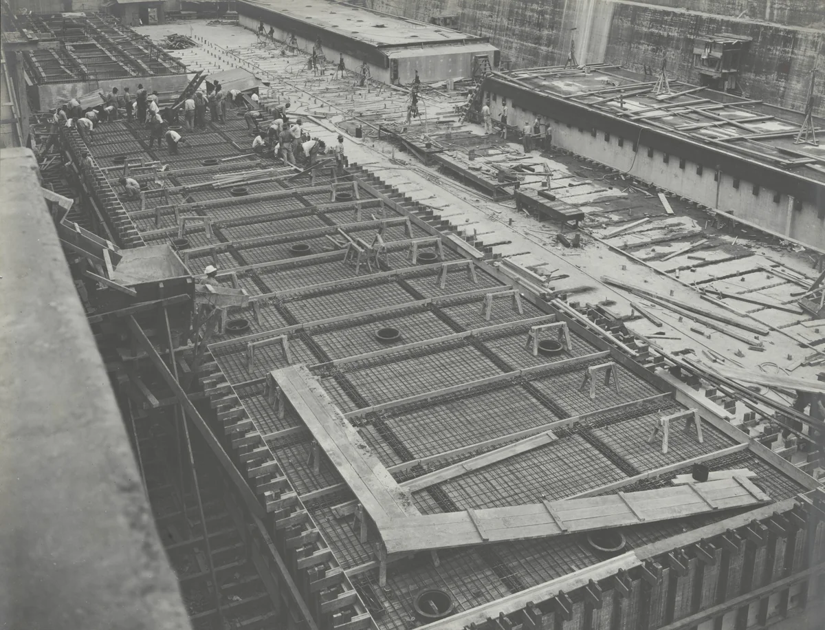 Reinforced Concrete Pontoons. General view of construction of reinforcing for decking by Unidentified Photographer, photograph, 1916