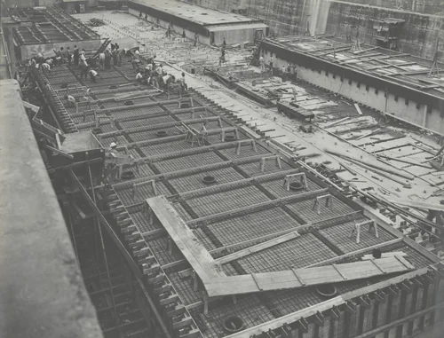 Reinforced Concrete Pontoons. General view of construction of reinforcing for decking by Unidentified Photographer, photograph, 1916