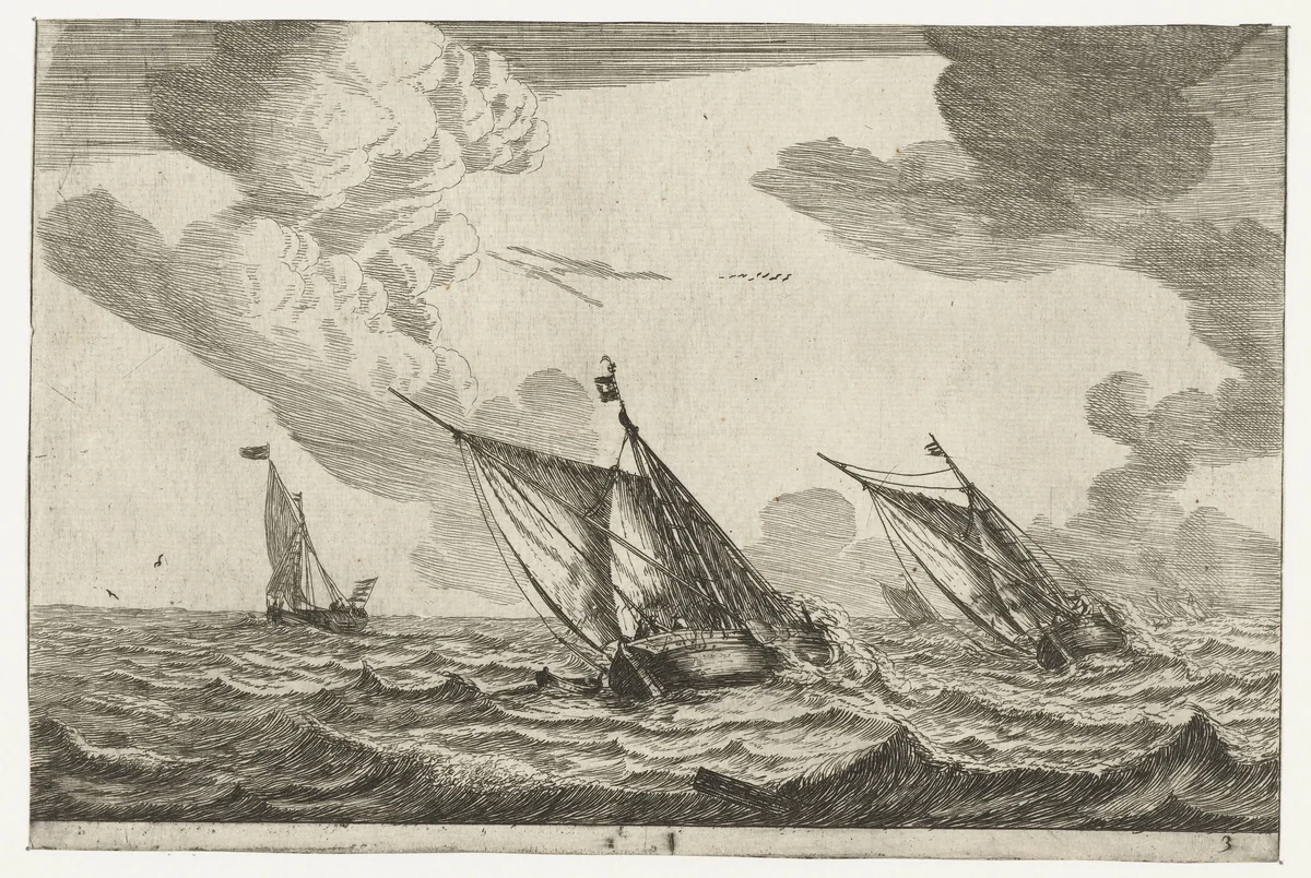 Drie zeilschepen op een ruwe zee by Reinier Nooms, print, 1654-1658