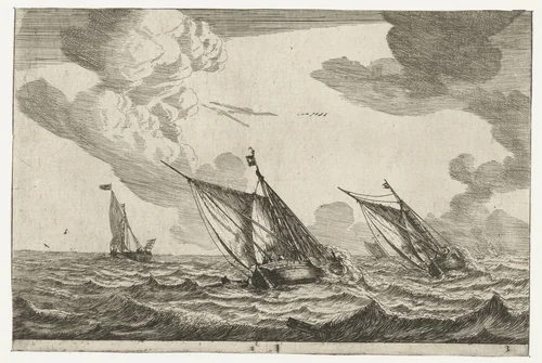 Drie zeilschepen op een ruwe zee by Reinier Nooms, print, 1654-1658