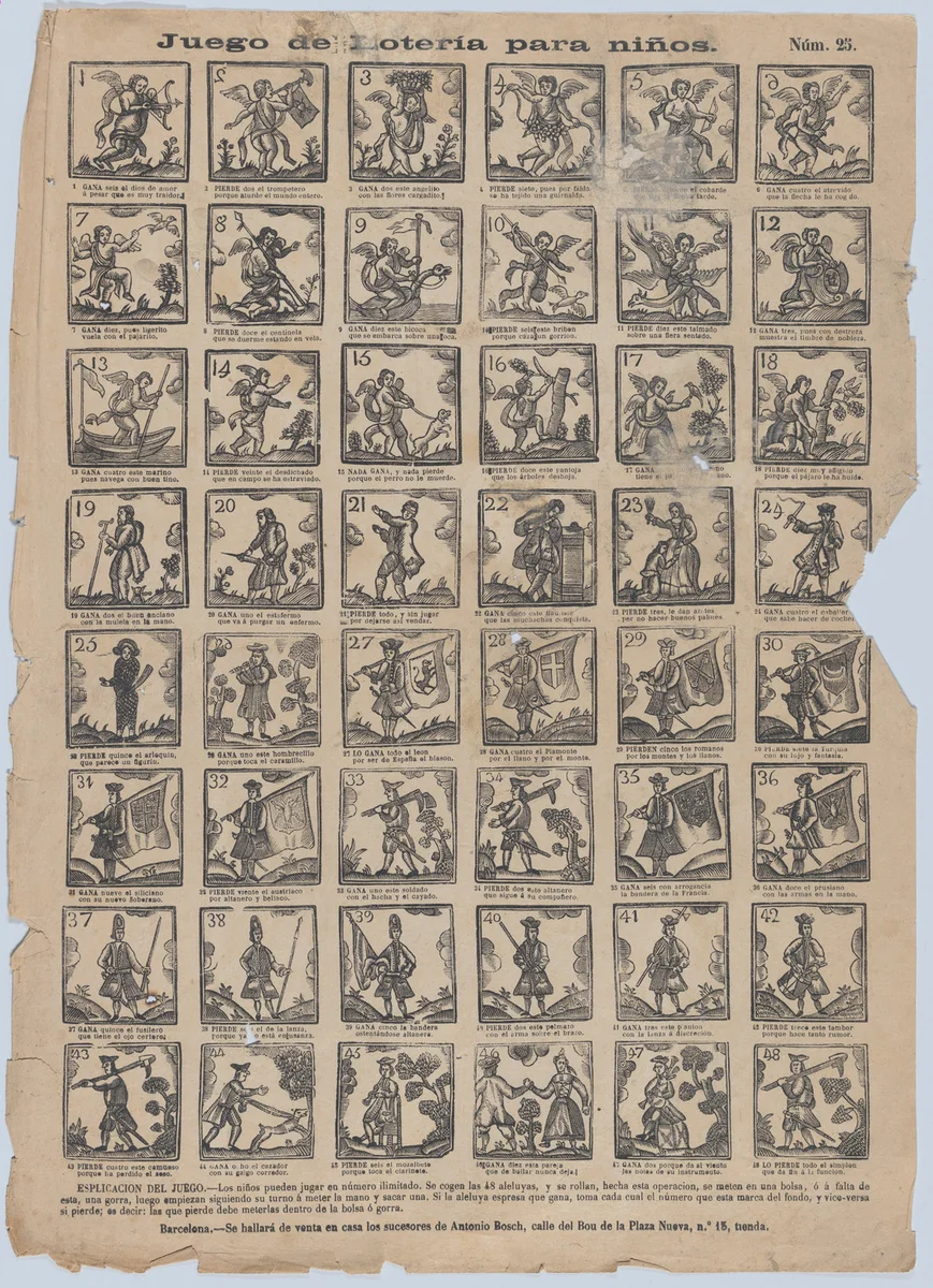 Lottery game for children by Antonio Bosch, print, 1855-1865