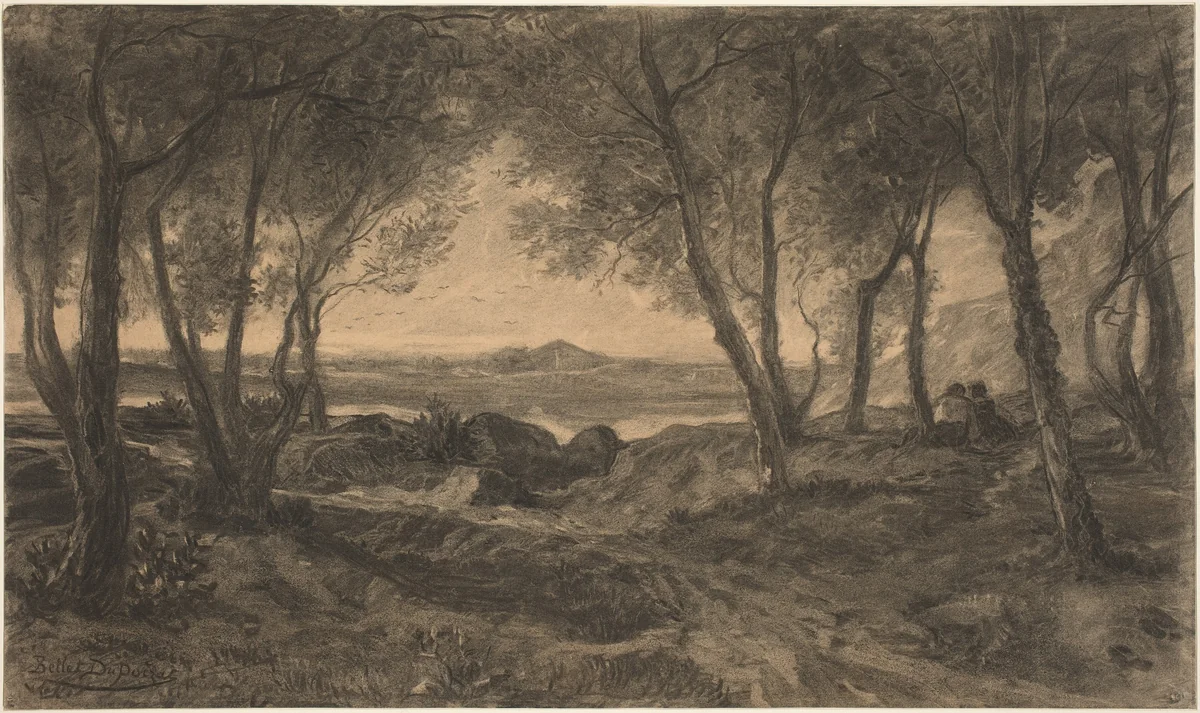 A Couple Seated among Trees above a Lake by Alfred Bellet du Poisat, drawing, 1823-1883