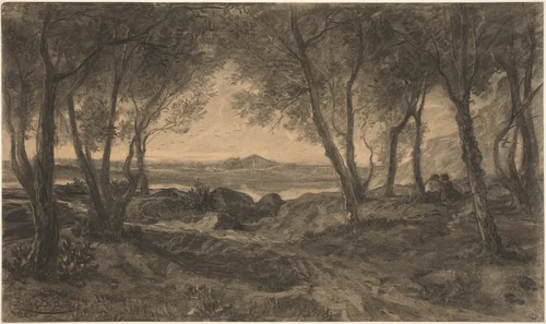 A Couple Seated among Trees above a Lake by Alfred Bellet du Poisat, drawing, 1823-1883