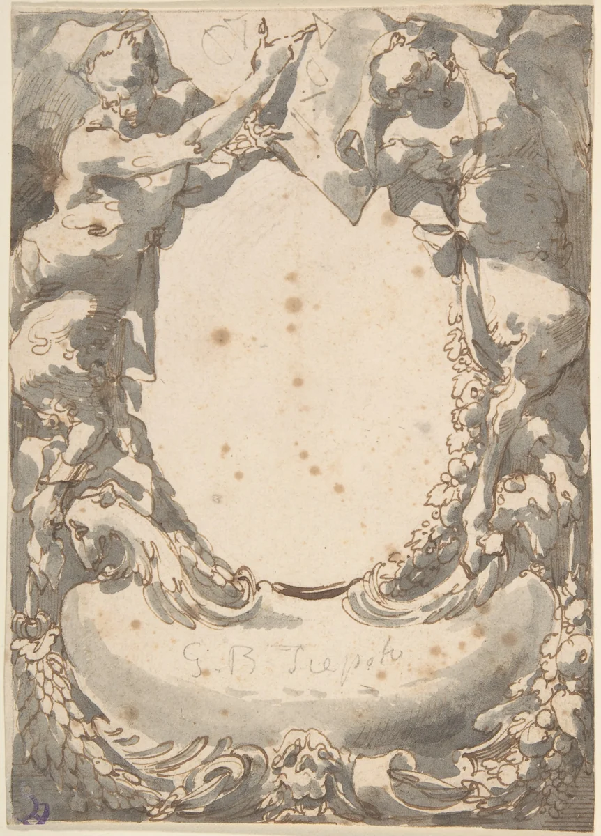 Design for a Double Cartouche flanked by Satyrs (Frontispiece?) by anonymous, drawing, 1700-1800