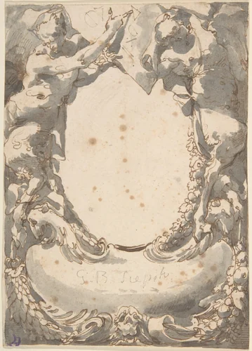 Design for a Double Cartouche flanked by Satyrs (Frontispiece?) by anonymous, drawing, 1700-1800