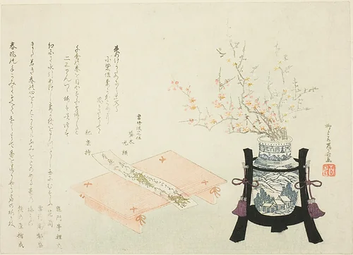 Red and White Plum Blossoms with Poem Slip by Ryuryukyo Shinsai, print, 1805-1815