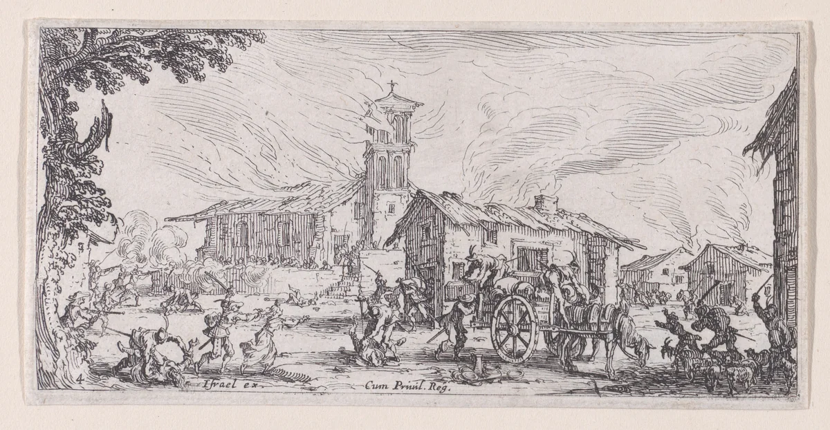 Pillage et Incendie d'un Village (Looting and Burning of a Village), plate 4 from "Les Petites Misères de la Guerre" (The Little Miseries of War) by Jacques Callot, print, 1636