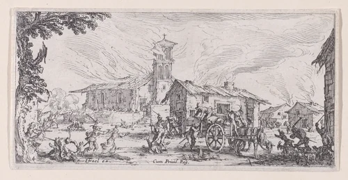 Pillage et Incendie d'un Village (Looting and Burning of a Village), plate 4 from "Les Petites Misères de la Guerre" (The Little Miseries of War) by Jacques Callot, print, 1636