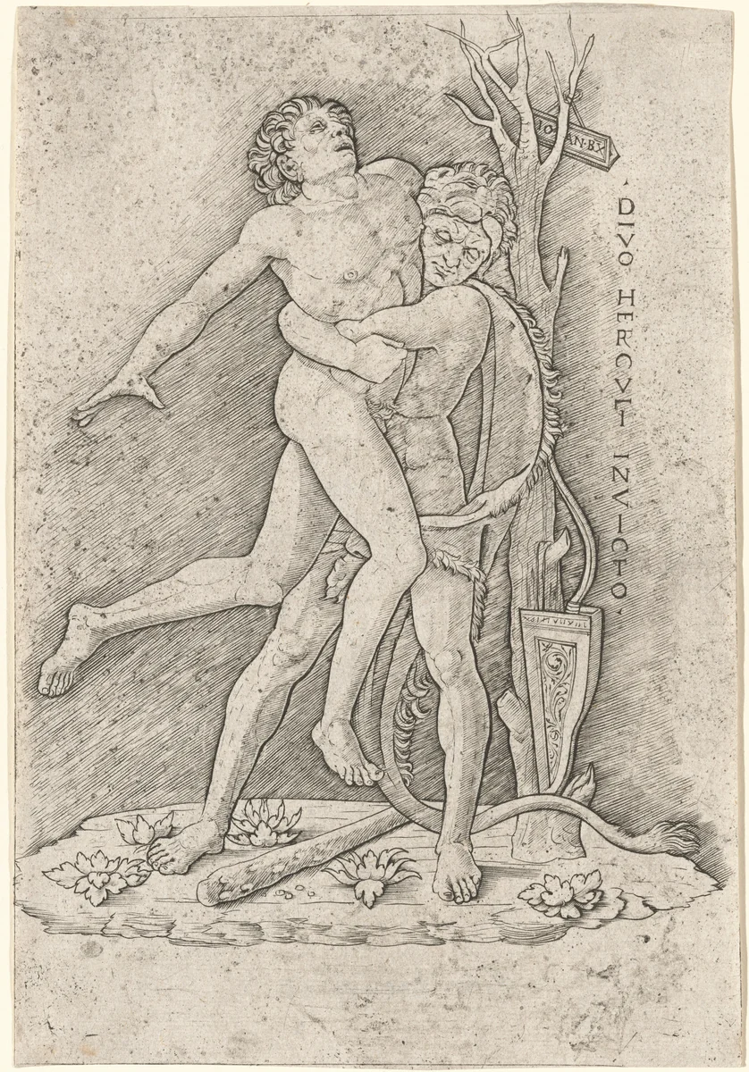 Hercules and Antaeus by Giovanni Antonio da Brescia, print, 1507