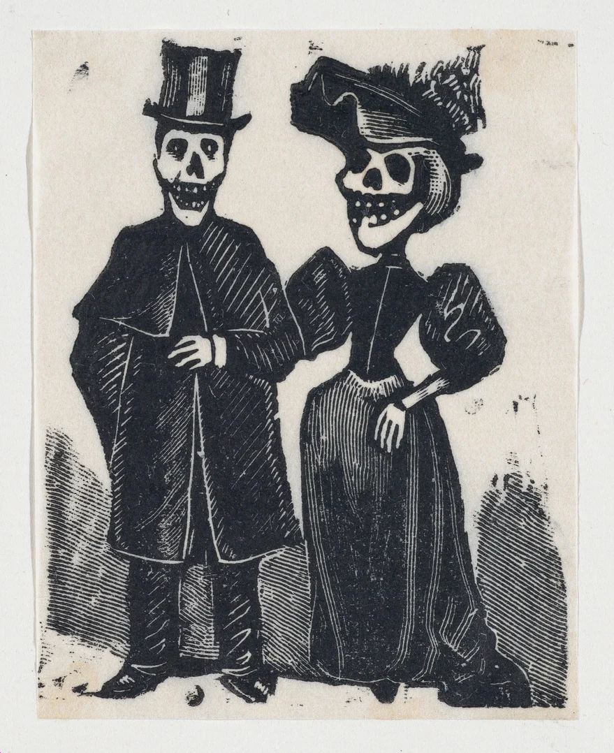 Elegantly dressed male and female skeletons arm in arm (vignette for the feast of the dead) by José Guadalupe Posada, print, 1889-1899