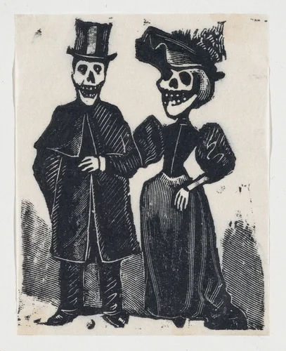 Elegantly dressed male and female skeletons arm in arm (vignette for the feast of the dead) by José Guadalupe Posada, print, 1889-1899