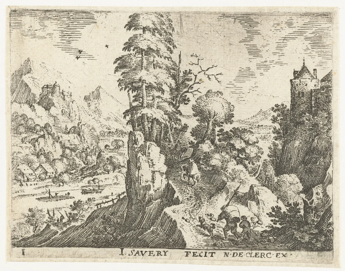 Landschap met reizigers op steile rots by Unknown, print, 1584-1603