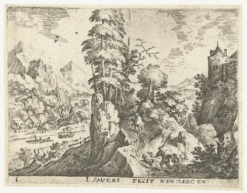 Landschap met reizigers op steile rots by Unknown, print, 1584-1603