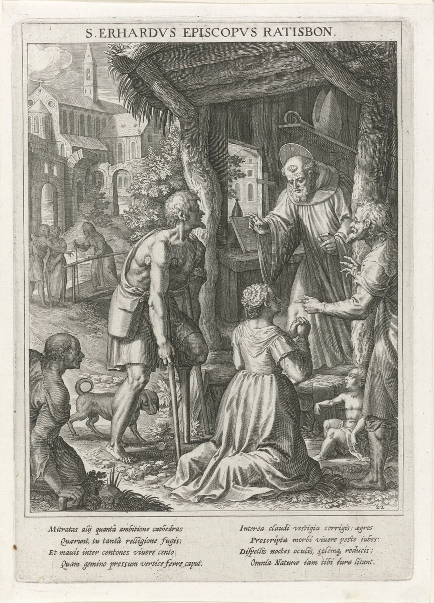 Heilige Odilia knielt voor de heilige Erhard by Raphaël Sadeler, print, 1615