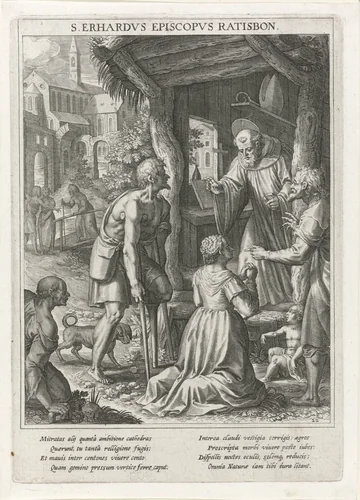 Heilige Odilia knielt voor de heilige Erhard by Raphaël Sadeler, print, 1615