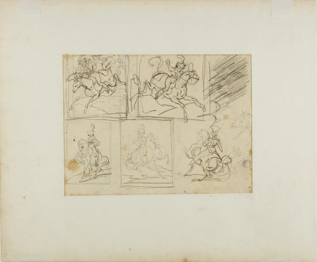 Four Sketches of a Mounted Trumpeter, and a Polish Lancer by Jean Louis André Théodore Géricault, drawing, 1813-1814