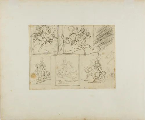 Four Sketches of a Mounted Trumpeter, and a Polish Lancer by Jean Louis André Théodore Géricault, drawing, 1813-1814