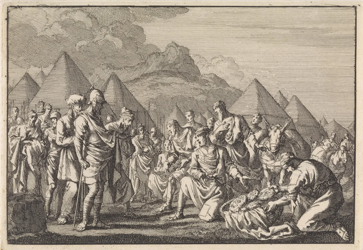 De Gibeonieten tonen Jozua hun beschimmeld brood en hun oude kleren by Jan Luyken, print, 1704