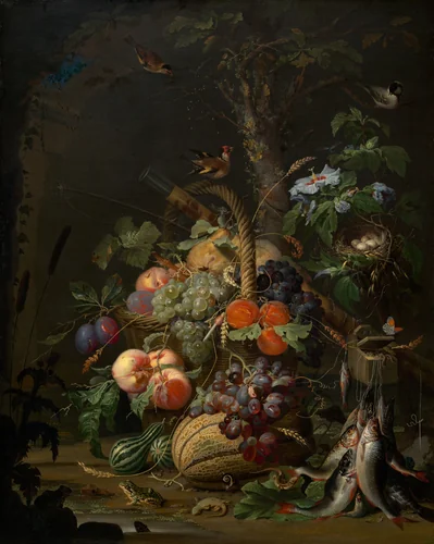 Still Life with Fruit, Fish, and a Nest by Abraham Mignon, painting, 1675