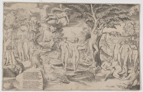 Cupid in the Elysian Fields tied to a tree in the centre, surrounded by many figures by Giulio Bonasone, print, 1563