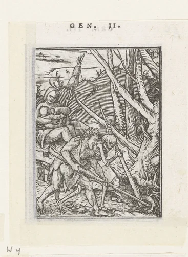 Adam en Eva aan het werk na de zondeval by Hans Holbein, print, 1524-1526
