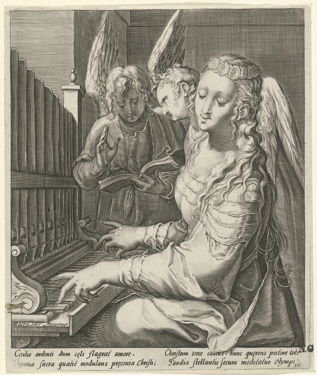 H. Cecilia met engelen by Unknown, print, 1588-1592