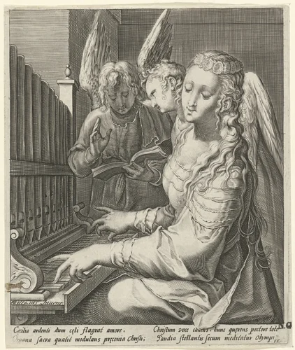 H. Cecilia met engelen by Unknown, print, 1588-1592