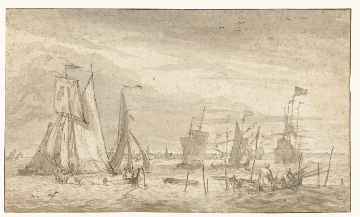Druk bevaren rivier voor een stadsprofiel by Pieter Coopse, drawing, 1668-1677