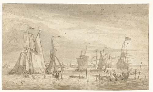 Druk bevaren rivier voor een stadsprofiel by Pieter Coopse, drawing, 1668-1677