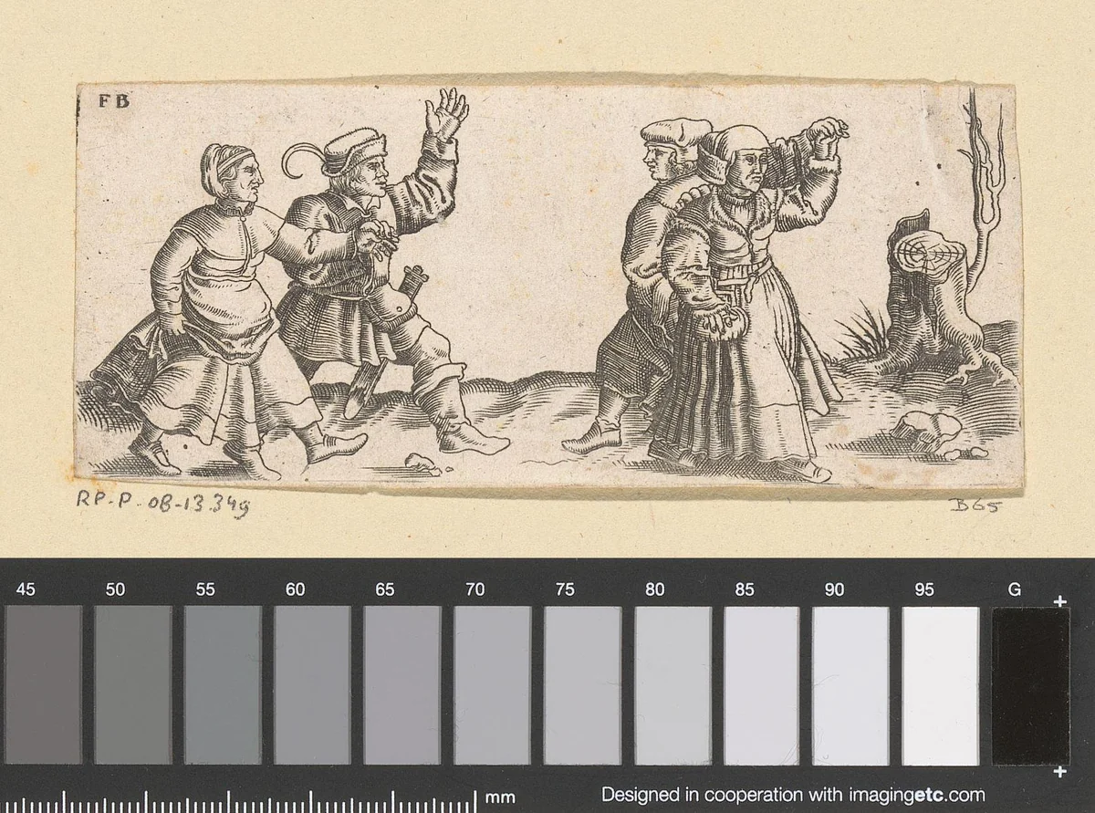 Twee dansende boerenparen, rechts een boomstronk by Unknown, print, 1559-1596