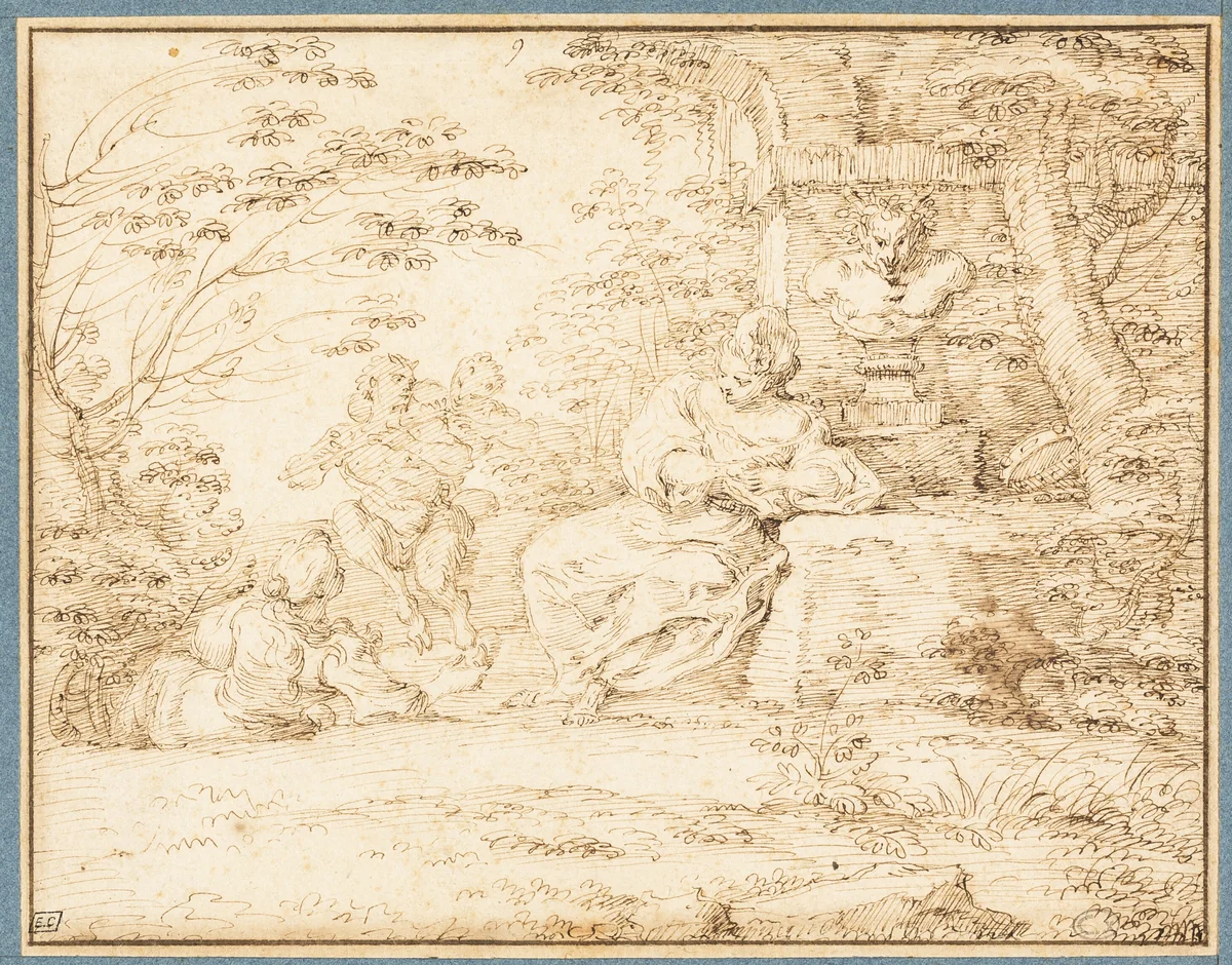 Two Women Resting and Two Satyrs Dancing by Claude Gillot, drawing, 1690-1715