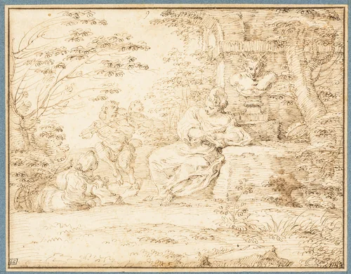 Two Women Resting and Two Satyrs Dancing by Claude Gillot, drawing, 1690-1715