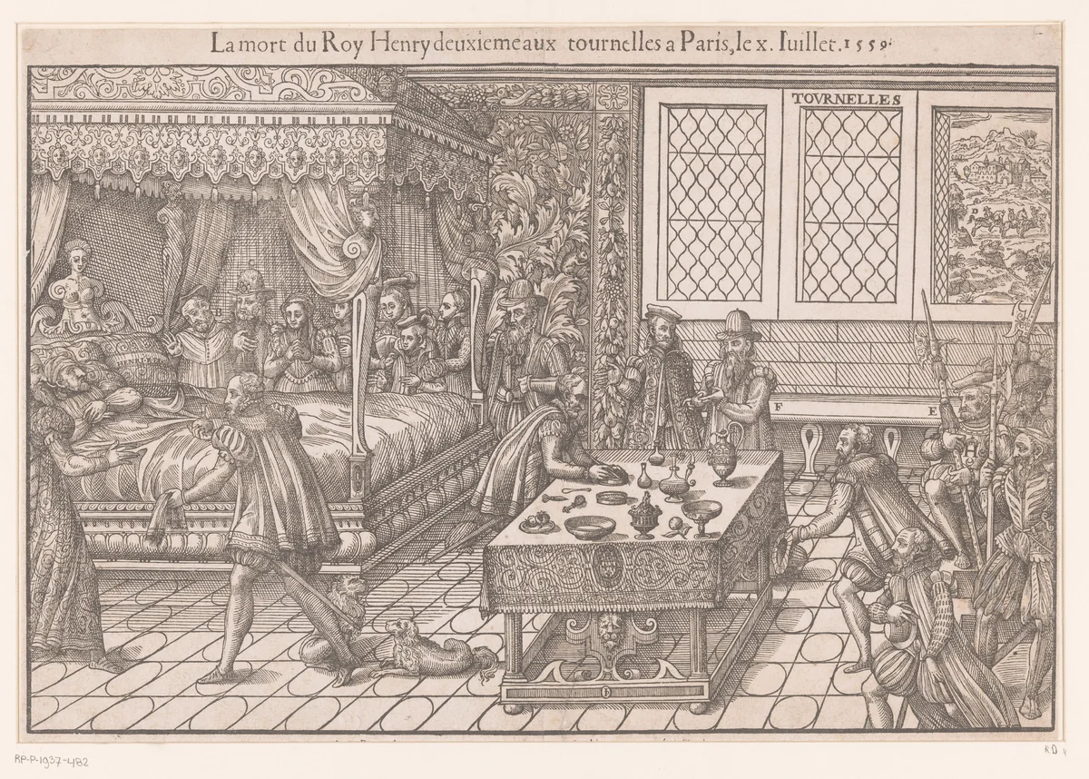 Hendrik II op zijn sterfbed by Unknown, print, 1569-1575
