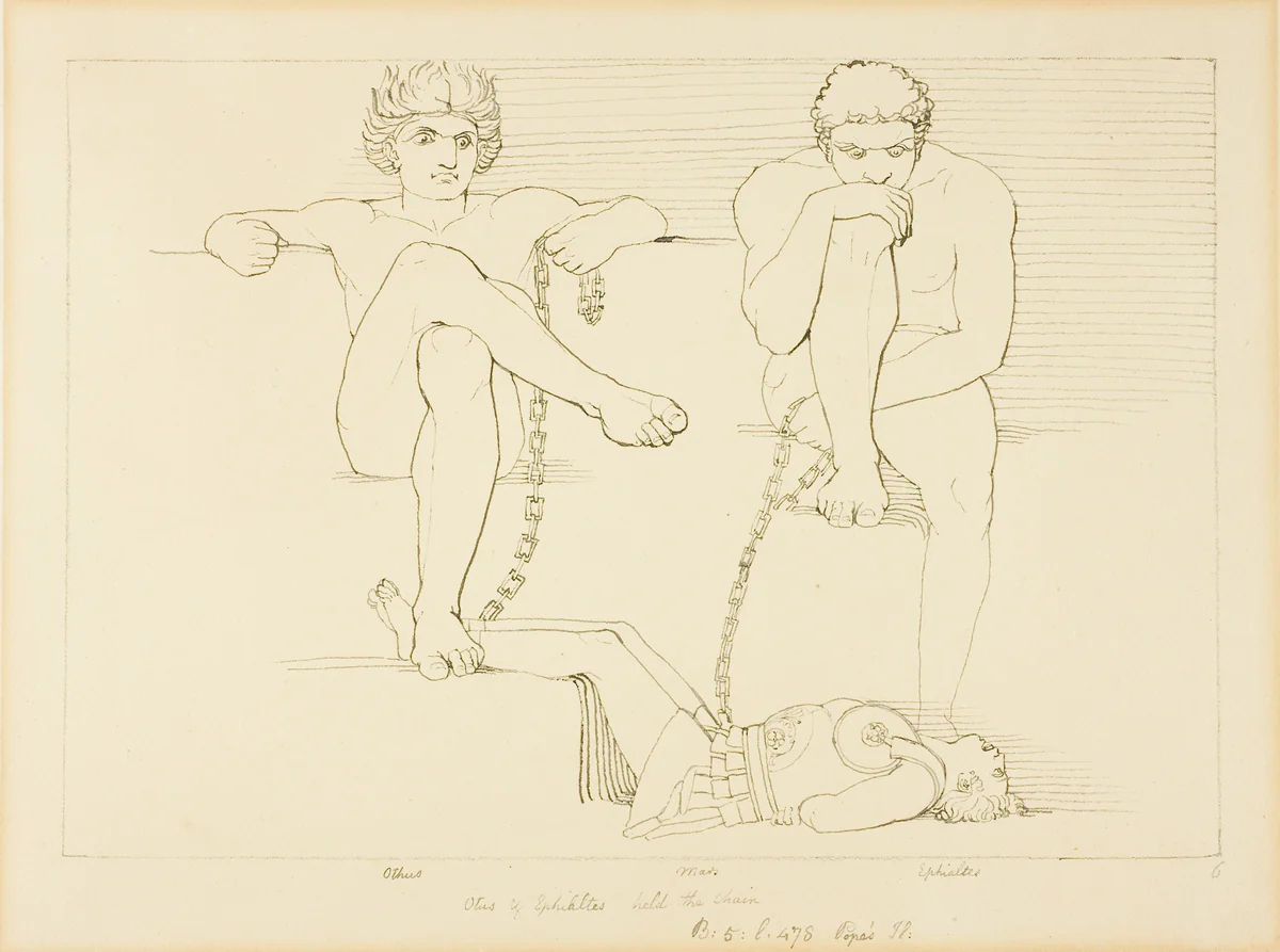 Othus and Ephialtes Holding Ares Captive by John Flaxman, drawing, 1775-1826