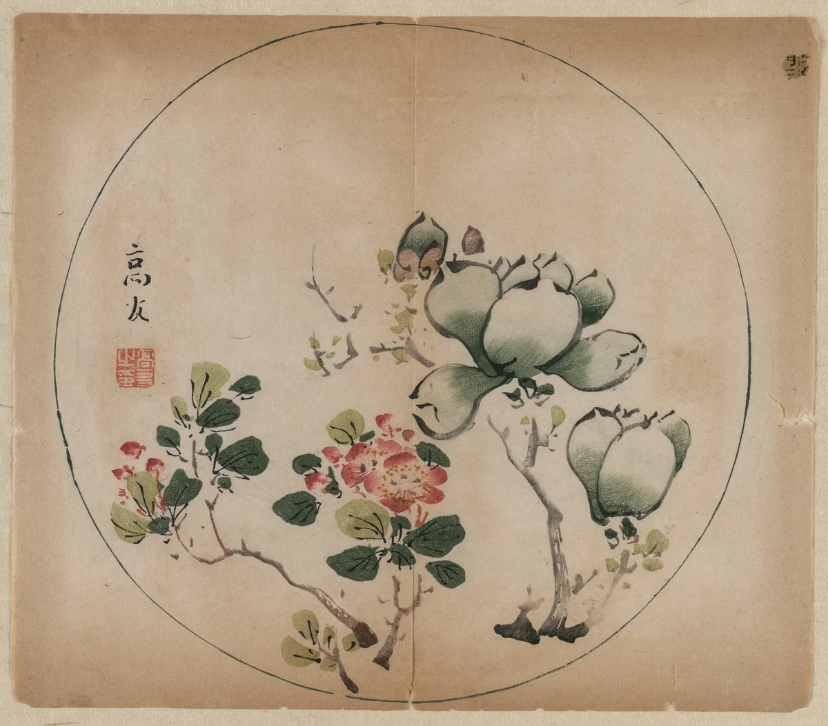 Flowering Magnolia and Peach Blossoms by Unknown, print, 1368-1644