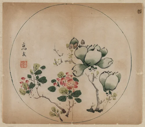 Flowering Magnolia and Peach Blossoms by Unknown, print, 1368-1644