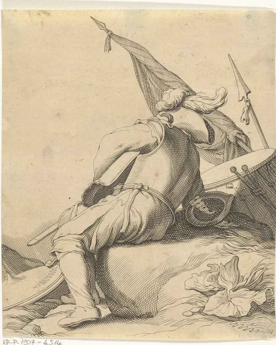 Rustende soldaat by Frederick Bloemaert, print, 1650-1700