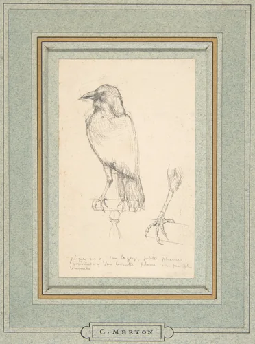 A Raven Perched on a Rail by Charles Meryon, drawing, 1815-1868