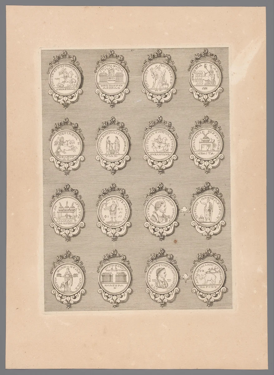 Zestien penningen met versierde lijsten by Simon de la Boissière, print, 1647-1682