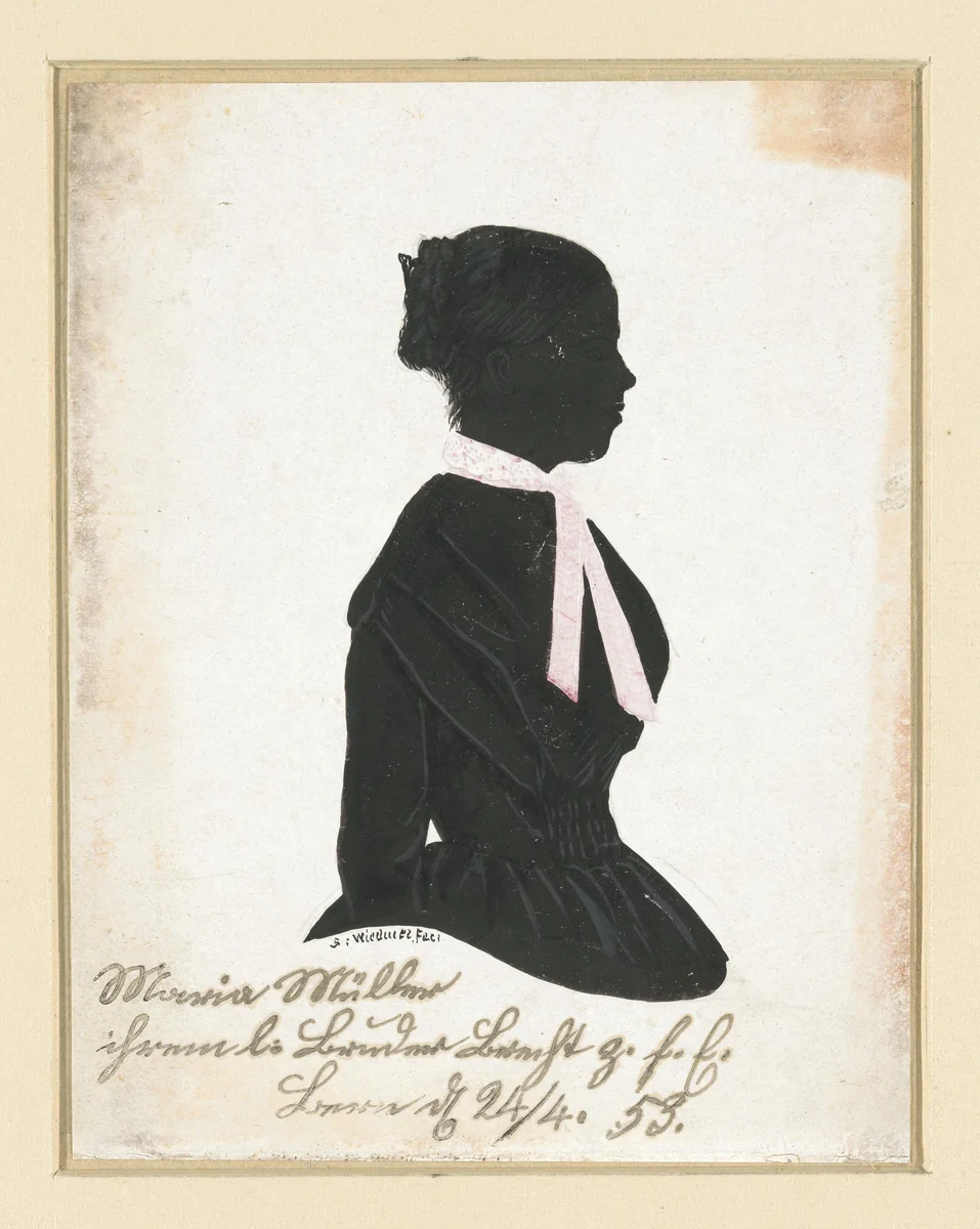 Silhouet-portretje van Maria Müller met opgestoken vlecht, naar rechts by S. Wiedmer, drawing, 1853
