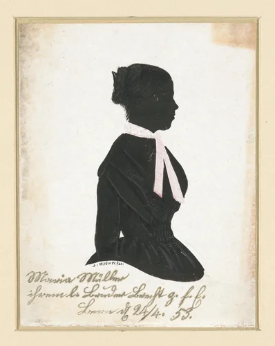 Silhouet-portretje van Maria Müller met opgestoken vlecht, naar rechts by S. Wiedmer, drawing, 1853
