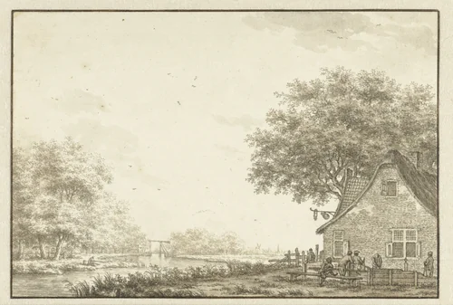 Kolfspelers bij een herberg aan een water by Jacob Cats, drawing, 1770