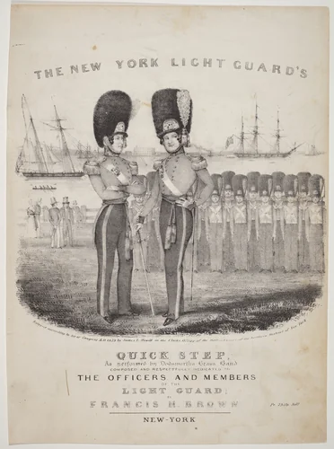 The New York Light Guard's Quick Step: As Performed by Dodworth's Brass Band. Composed and Respectfully Dedicated to the Officers and Members of the Light Guard; by Francis H. Brown by Nathaniel Currier, print, 1839