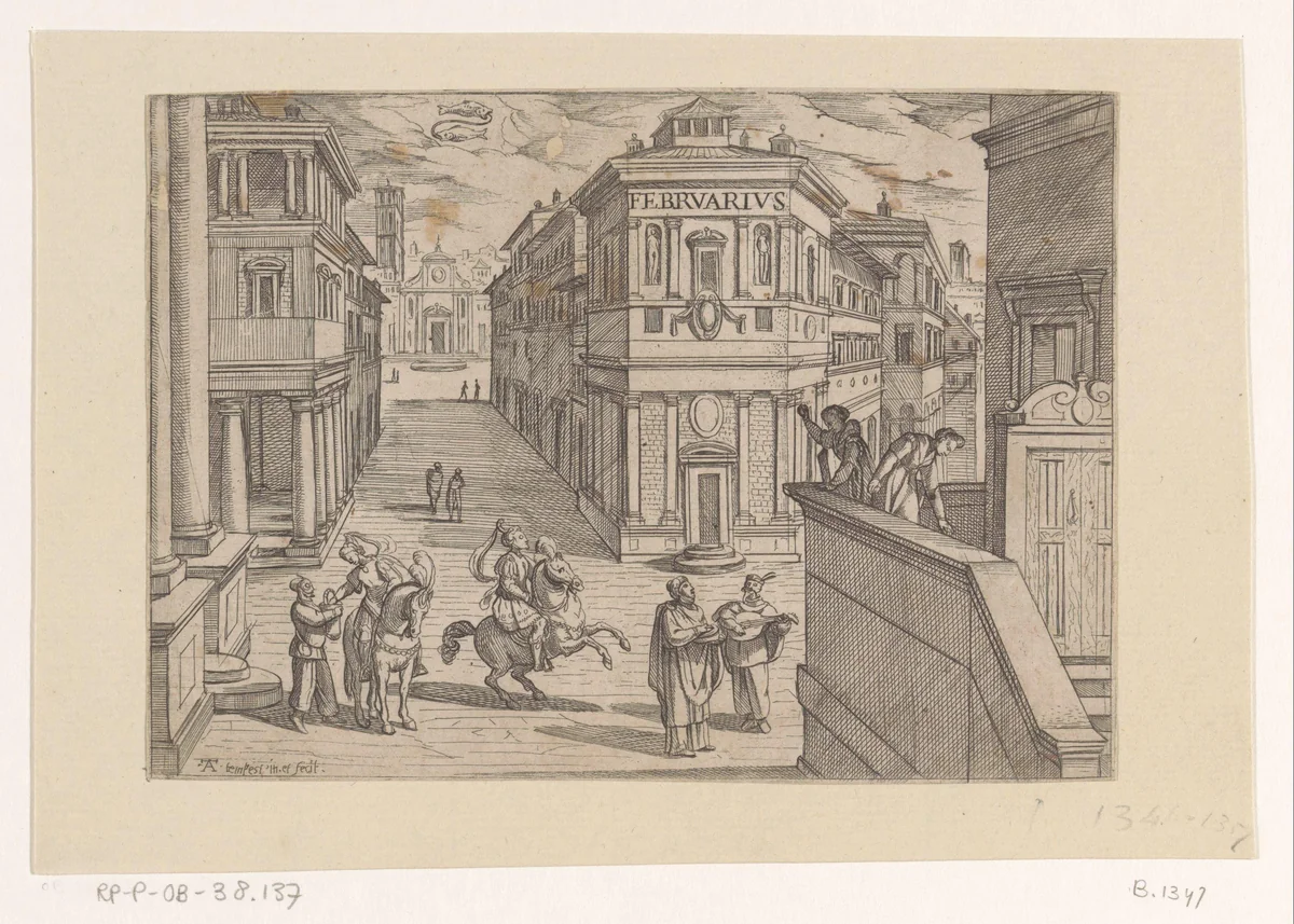 Februari: stadsgezicht met serenade (vissen) by Unknown, print, 1575-1613